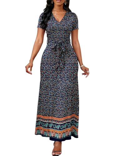 HipGlamp Women's Figure-Flattering Maxi Dress Belted V-Neck Short-Sleeve Print Casual Dress
