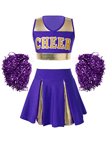 Doomiva Mädchen Cheer Leader Kostüm Karneval Fasching Kostüm Cheerleading Uniform Crop Top und Rock Tanzkostüm Set mit Pom Ya Violett mit Poms 146-152 Cover