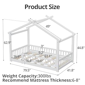 LLS Twin House Bed with Fence, Wooden Montessori Bed with Slats Support, Floor Bed Frame for Boys Girls Bedroom, White LLS Twin House Bed with Fence Wooden Montessori Bed with Slats Support Floor Bed Frame for Boys Girls Bedroom White