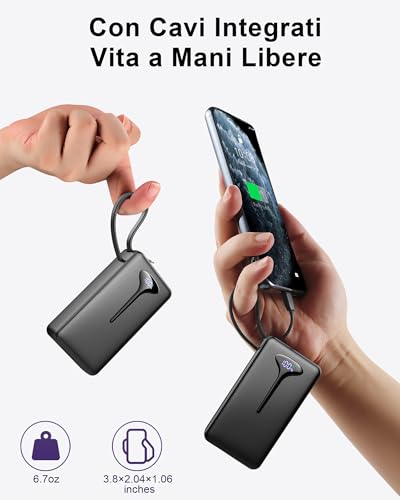Power Bank, 10000mAh Mini Caricatore Portatile 22.5W Ricarica Rapida, Ultra Portatile Powerbank con USB C Cavo Integrato, Batterie Esterna di 3 porte uscita per iPhone 16 Samsung Xiaomi Android iPad - Immagine 3