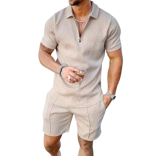 Mens Summer Outfits Suits 2 Piece Shorts Sets Short Sleeve Sweatsuit Outfits 1/4 Zip Golf Polo Shirts Loungewear