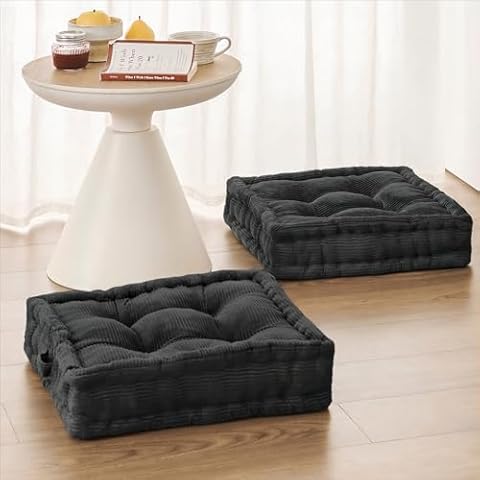 Wellsin Square Floor Pillows for Adults Kids - Meditation Floor Pillow Seating Cushion - Tufted Floor Cushion with Shredded Memory Foam & Velvet Cover, 2 Pack, 20x20 Inch, Gray Cover