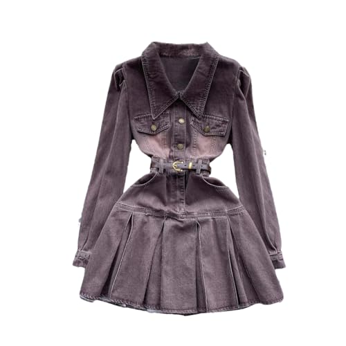 Robe en denim plissée style vintage avec boutonnière et manches longues