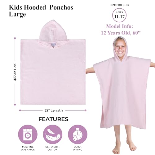 Image of Superior Kids Cotton Terry Poncho, Soft, Absorbent Bath Towel with Hood, Bathroom Accessories, Long, Plush Bathrobes for Bath, Shower, Spa, Resort, Hotel, Beach, Pool, Boy, Girl, Large Size, Pink