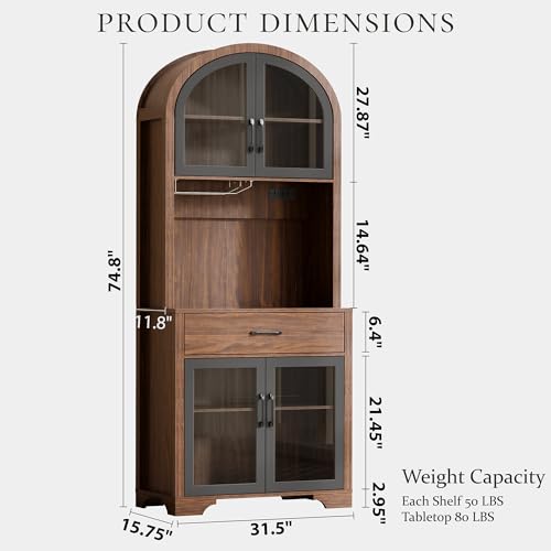 Image of 75 inch Arched Kitchen Pantry Cabinet with Charging Station & LED Light, Tall Coffee Bar Liquor Cabinet, Modern Kitchen Hutch with Microwave Stand & Adjustable Shelf for Dining Room