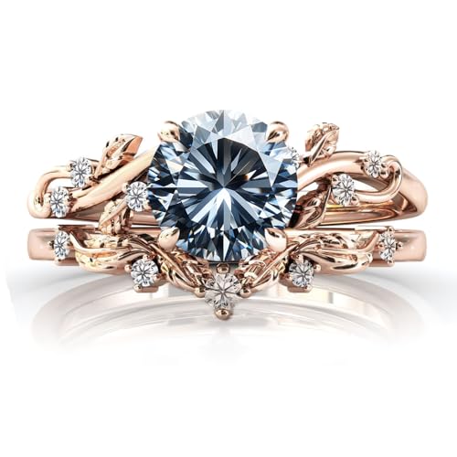 Gemstone Engagement Rings Set for Women Round Cut Gemstone Ring Leaf Art Deco Ring Set 10K 14K 18K White Yellow Rose Gold Vintage Vine Gemstone Wedding Ring Sets Anniversary Promise Ring