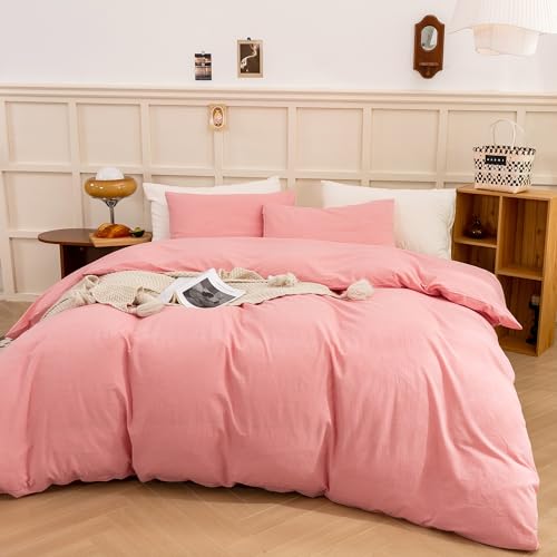 Image of ECOCOTT Pink Duvet Cover Queen Size - Linen Feel Organic Natural 100% Washed Cotton, Soft Breathable 3 Pieces Bedding Set with Zipper Closure