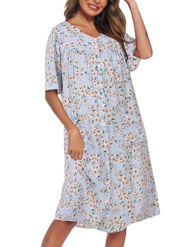 Image of COSUNIONY House Dresses for Women Cotton Short Sleeve House Coat Buttons Down Dusters Robe with Pockets S-XXL