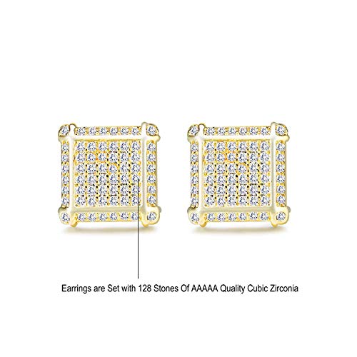 18K Gold Plated 925 Sterling Silver Iced Out Cubic Zirconia Screw Back Square Stud Earring For Men and Women Hypoallergenic Earring TwoTone Micropave Hip Hop Jewelry-Gold2