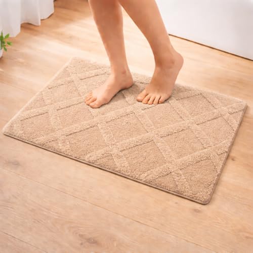 Image of Premium Combed Cotton Tufted Bathmat 50 x 80 cm, 1800 GSM Soft Absorbent Anti Skid Bathroom Floor Mat with Latex Backing, Quick Dry Non Slip Bath Rug for Shower & Daily Use, Diamond Beige
