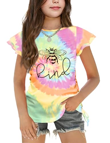 Image of Arshiner Girls T Shirts Ruffle Short Sleeve Ruched Knot Side Tunic Blouse Summer Tee Tops