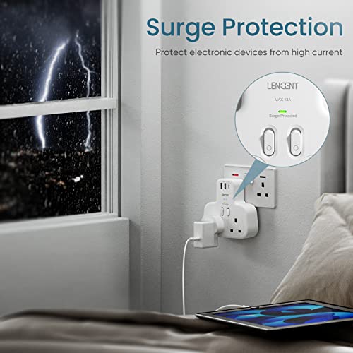 LENCENT Double Plug Adaptor with 1 USB C and 2 USB Ports, Surge Protected Multi Plug Extension Socket - Image 2