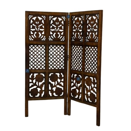 Image of Wooden Room Partition Screen with Burnt Wood Finish | Hand Buffed Traditional Handicraft Room Divider | 6 Ft Height Indoor Room Separator (2 Panel 4 Feet)