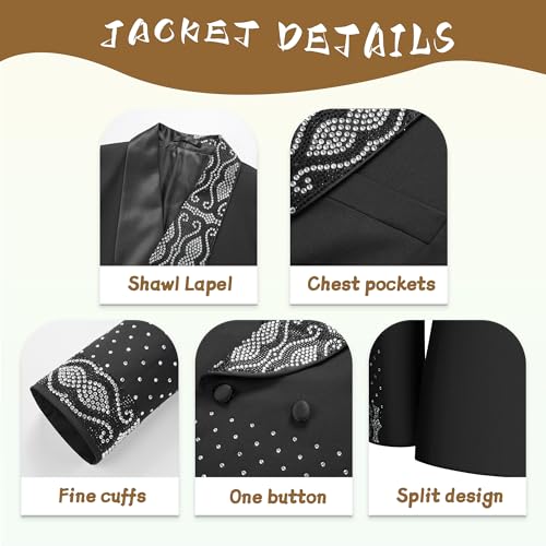 Men's Black Rhinestone Embellished Tuxedo Suit Set Double Breasted Slim Fit Jacket & Black Pants for Prom3