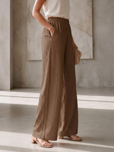 Image of Women's High Waist Wide Leg Trousers | Textured Crinkle Palazzo Pants | Elastic Waist Casual Formal Office Wear Trousers | Comfortable Lightweight Bottom Wear for Women