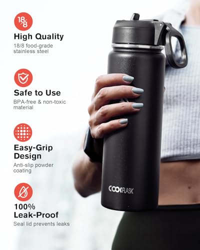 Image of Coolflask 20 oz Insulated Water Bottle with Straw & 3 Leakproof Lids