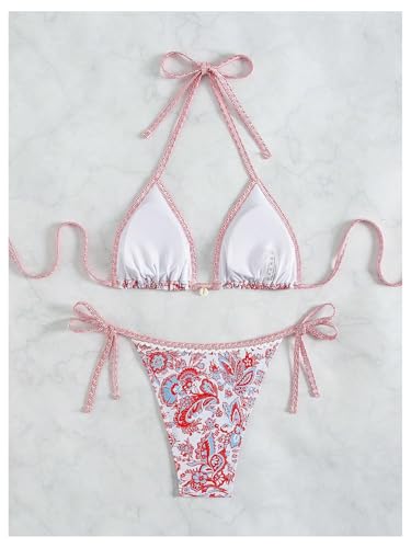 Image of BYFINECANY Women's Floral Printed Bathing Suit Halter Paisley Summer Swimsuit Bikinis Set
