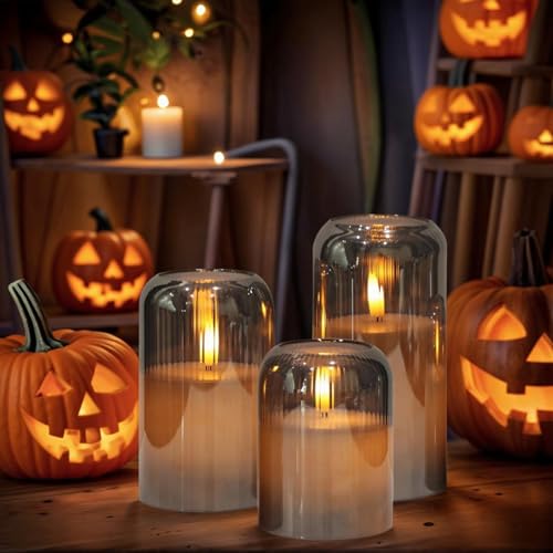 Image of Eldnacele Black Glass Flameless Candles with Remote and Timer, Battery Operated 3D Wick Flickering LED Pillar Candles for Dinner Wedding Holiday Decor (3Pcs, D3xH4 /5 inch /6 inch)