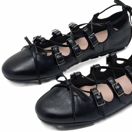 Women's Ballet Flats Lace up Mary Jane Flats with Bowknot Round Toe Comfort Uniform Dress Shoes Soft Glitter Ballerina Walking Shoes with Sequin3