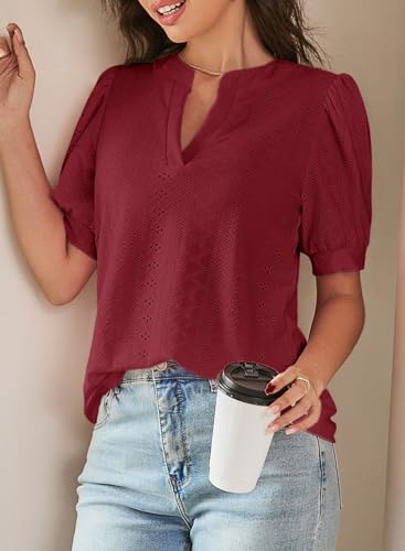Image of Dokotoo Womens Blouses V Neck Puff Short Sleeve Business Casual Tops