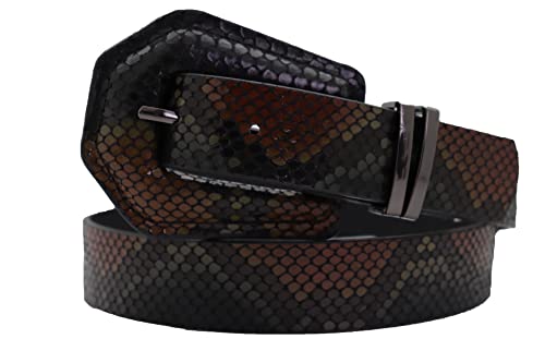 Women Black Brown Fashion Belt - Faux Snakeskin Print Leather Waistband Size S M