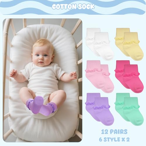 12 Pairs Preemie Socks for Baby Girls Boys Premature Ruffle Turn Cuff Cotton Socks Hospital for Newborn2