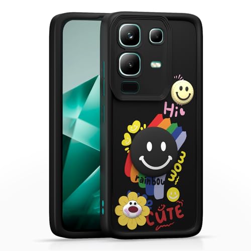 Image of Pikkme Back Cover for Infinix Note 50s 5G | Soft Silicone| Cute Rainbow Smile & 3D Cartoon Flower Design | Shockproof Raised Camera Protection Bumper Case (Black)