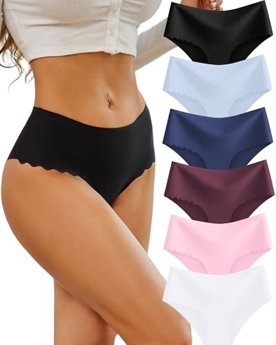 Image of Sth Big High Waisted Seamless Underwear for Women No Show Panties Cheeky Scalloped Edge Bikini Breathable Briefs 6 Pack