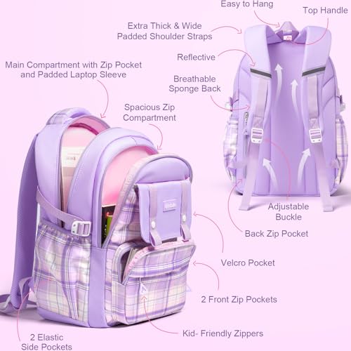 Image of Fimibuke Kids Backpack for Girls, 3 PCS School Backpack with Lunch Box Set | Cute & Waterproof Pink Black Plaid Bookbag with Lunch box Combo for Teens Girls Elementary to High School Students Age 6+