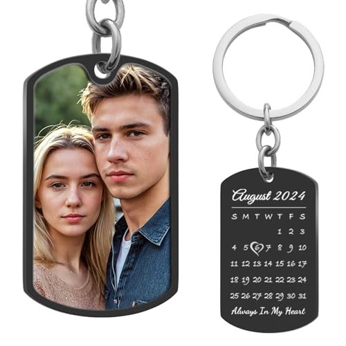 Queenberry Custom Photo Keychain for Husband Wife Boyfriend Personalized Calendar Laser Engraved Date Text Gift For Valentines Day Anniversary