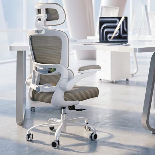 Image of TRALT Ergonomic Office Chair - Desk Chair with Adjustable Headrest Lumbar Support Computer Chair - Mesh Comfy Chair with Flip-up Armrests - Gaming Chairs for Adults Home Office (PU Leather,Khaki)