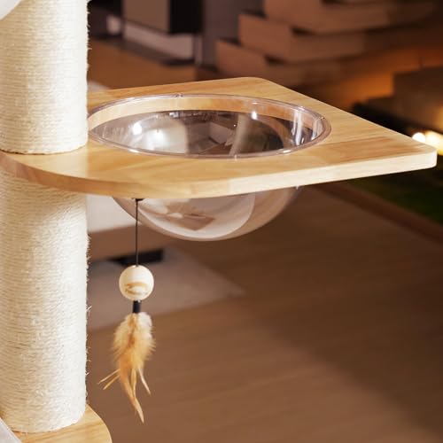 Image of Wood Cat Tree for Indoor Cats, Modern Cat Tower, Unique Cat Condo with House, Tall Luxury Furniture with Heavy Duty Wide Base, Kraft Paper Rope Scratching Post, Removable Cushion (96.5-118.1 inch)