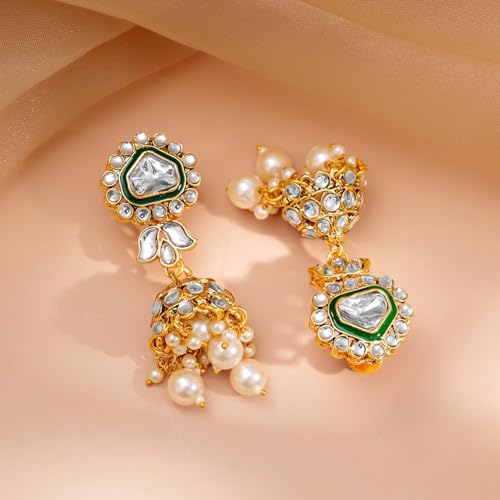 Image of Rubans Gold Plated Kundan Green Enamel Pearl Beaded Necklace Set with Earrings & Maangtikka Bridal Wedding Jewellery for Women & Girls