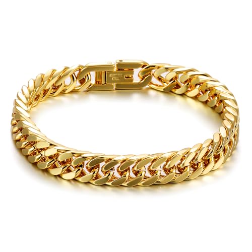 AFSTALR Bracelet Homme Or Gourmette Acier Inoxydable Chunky Chaîne Cubaine 8mm Maille Bracelets Personnalisable Bijoux Cadeau 20cm