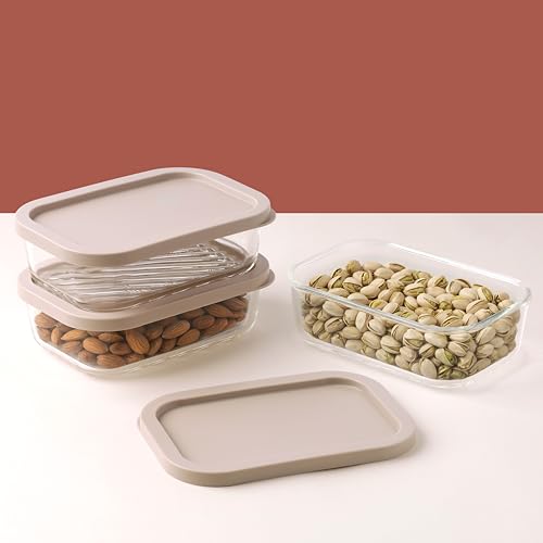 Image of ATTRO Storeit Borosilicate Glass Storage Containers - 520ml, Set of 3, Transparent & Stackable with PE Lids, Microwave, Fridge & Dishwasher Safe, Ideal for Kitchen & Leftovers- Ivory