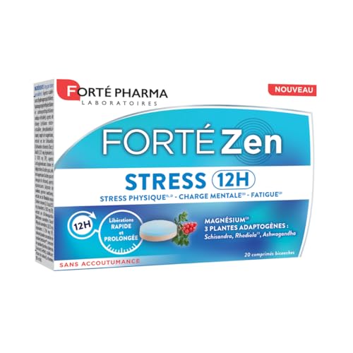 Forté Pharma - Forté Zen Stress 12H - Complément alimentaire fatigue adulte à libération prolongée - Vitamine B6, Magnésium, Rhodiola, Ashwagandha, Spiruline - 20 comprimés bi-couches, 1/jour