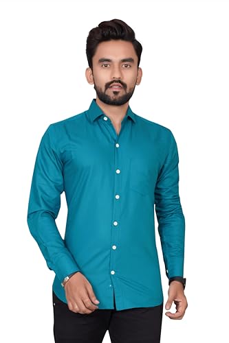 Image of Besix Men's Cotton Blend Solid Shirt with Spread Collared Full Sleeve Button Closure Curved Hem Straight Length and One Pocket, Airforce Blue, XL