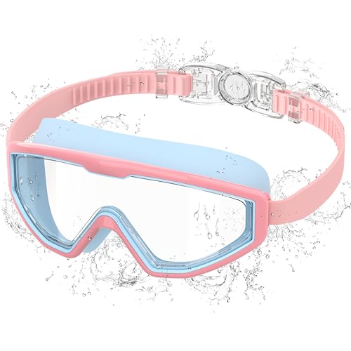Ambienden Children's Diving Goggles, Anti-Fog Uv Protection, Wide Angle Vision, 1-Click Adjustment, Silicone Seal, Unisex Swimming Goggles Children 3-12 Years, Blue-Pink