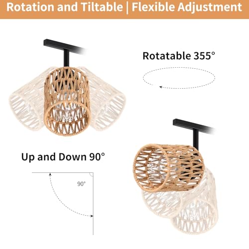AIBISOD 3-Light Rattan Ceiling Lighting Kits Track Lighting Fixture with Boho Farmhouse Style, Modern Bathroom Light Fixtures Black Spotlight and Rattan Shades for Kitchen Bathroom Living Room Hallway - Thumbnail 4
