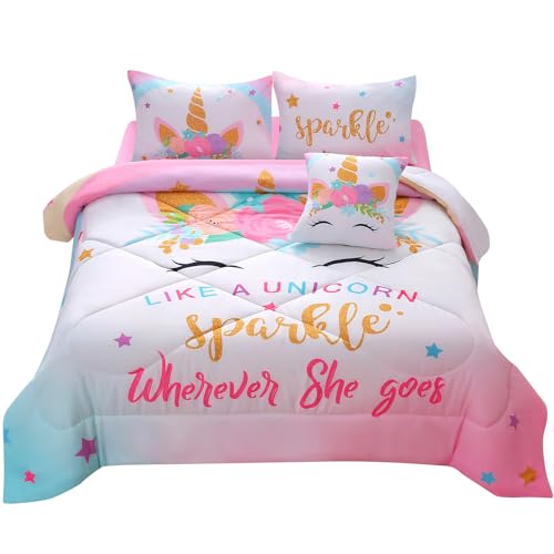 JQinHome Unicorn Twin Bedding Sets for Girls Kids,6 Piece Bed in A Bag 3D Colorful Flower Girl Unicorn Comforter Set with Sheet Set(Sparkle)