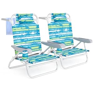 COSTWAY Strandstühle klappbar leicht, 2er Set, Campingstühle mit Verstellbarer Rückenlehne, Kopfstütze, Getränkehalter & Handtuchhalter, Klappstühle, Outdoor-Stühle bis 150 kg belastbar (Grün)