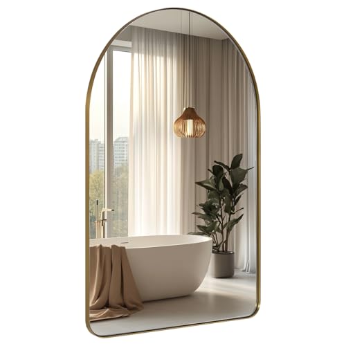 ANDY STAR Arched Mirror, 20 x 30 Inch Gold Bathroom Mirror in Stainless Steel Metal Frame, Arch Top Rounded Corner 1 Inch Deep Set Design Wall Mount Hangs Vertical
