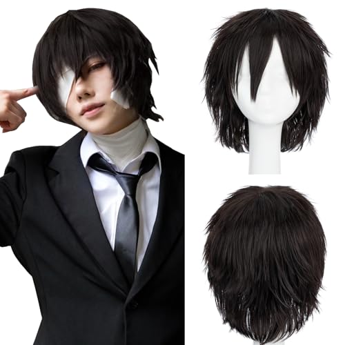 Image of S-noilite Short Brown Cosplay Hair Wig for Unisex Women Men Pixie Layered Wigs for Halloween Anime Costume Party Fluffy Synthetic Wigs (Dark Brown)