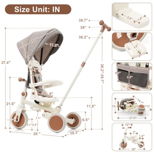Baby Tricycle, Foldable Toddler Tricycle with Removable and Adjustable Parent Handle, Toddler Push Bike with Removable Pedal, Canopy, and Guardrail, Tricycle for 12-72 Months (Ivory)