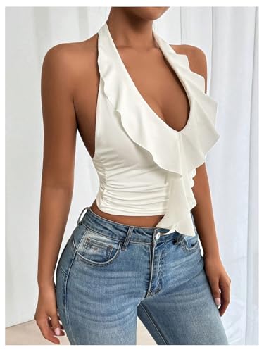 SOLY HUX Women's Ruffle Trim Halter Tops Ruched V Neck Sleeveless Going Out Crop Tops3