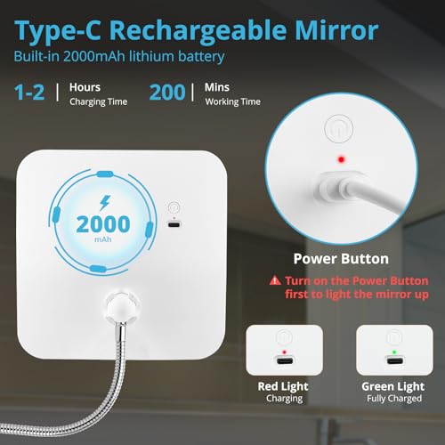 Image of Fabuday Flexible Gooseneck 30X Lighted Magnifying Mirror with Tweezer - Upgraded Rechargeable Makeup Mirror with Lights, LED Travel Mirror with Suction Cup for Bathroom, 3 Color Lighting, Square