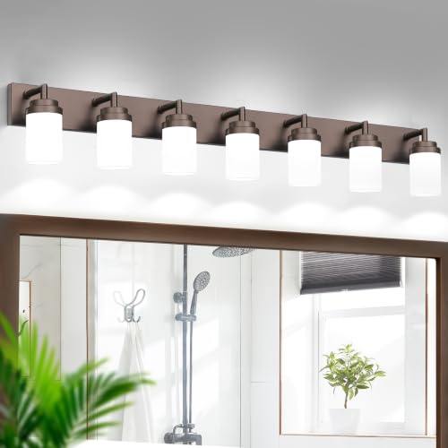Image of Bathroom Light Fixtures, Oil Rubbed Bronze Bathroom Lighting Fixtures Over Mirror, Modern Vanity Light with White Glass Shade, Restroom Lighting Fixtures, 7-Light 54-inch