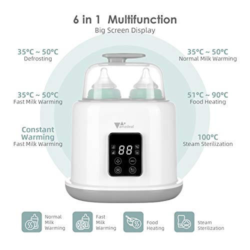 Double Bottle Warmer, Amzdeal 6 in 1 Baby Bottle Warmer & Steri-li-zer with LED Display Timer, Ultra-Fast Heating,Defrost, Touchscreen Smart Thermostat Warmer for Food Milk Heating, BPA Free - Thumbnail 4