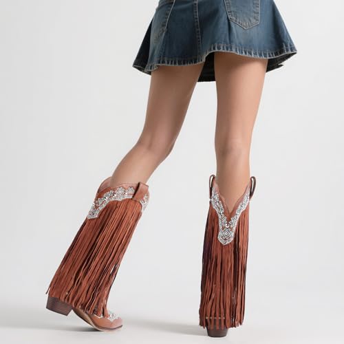 FancyQueen Fringe Cowboy Boots for Women, Mid Calf Embroidered Cowgirl Boots with Studded Chunky Pointed Toe Western Booties for Country Music Festivals4