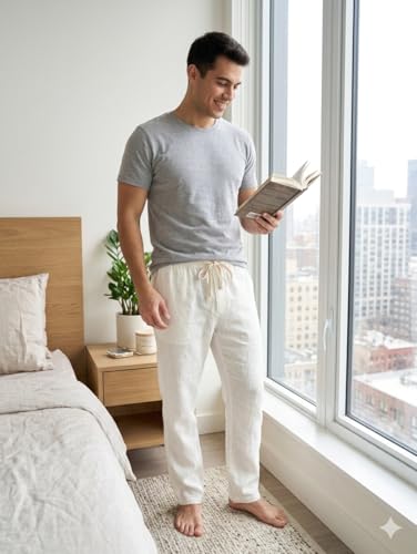 Image of White Khadi Cotton Men's Pajama Pants Size 32 | Elastic Waistband, Drawstring Closure, Relaxed Straight-Leg Fit, Side Pockets, Handspun Texture